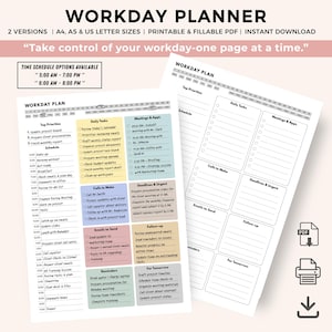 Agenda Workday : PDF imprimable/remplisseur, gestion du travail, entreprise, journée de bureau, (A4, lettre US)