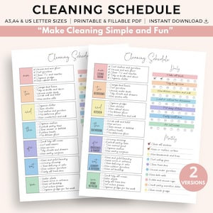 Puede incluir: Dos plantillas imprimibles de programación de limpieza con una combinación de colores pastel. Los horarios incluyen tareas diarias y mensuales, con el texto "Make Cleaning Simple and Fun". Las plantillas están disponibles en tamaños A3, A4 y US Letter.