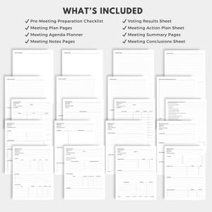 May include: A collection of white paper sheets with black text, including checklists, planning pages, and summary sheets. The text "WHAT'S INCLUDED" is at the top, with a list of included items. Ideal for meeting organization and planning.