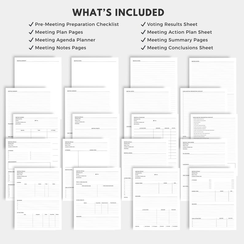 May include: A collection of white paper sheets with black text, including checklists, planning pages, and summary sheets. The text "WHAT'S INCLUDED" is at the top, with a list of included items. Ideal for meeting organization and planning.