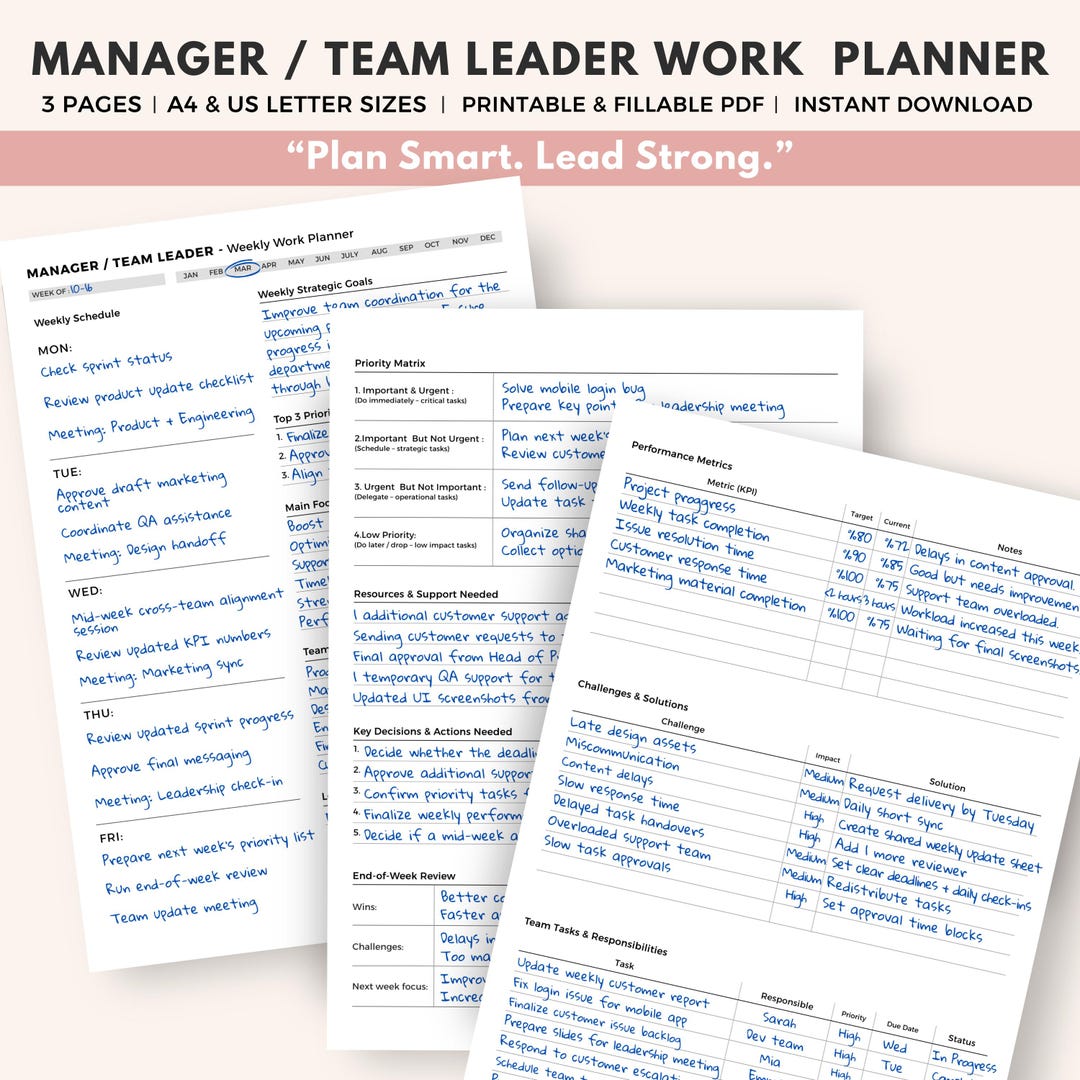 Manager Weekly Log Manager - Team Leader Weekly Work Planner - Etsy