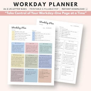 Puede incluir: Un planificador de jornada laboral imprimible con un diseño limpio y minimalista. El planificador incluye secciones para horarios de mañana y tarde, listas de tareas y recordatorios. El texto "Take Control of Your Workday-One Page at a Time" se muestra en la parte superior.