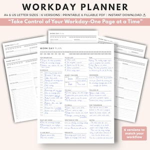 Workday Planner: Printable / Fillable PDF, Work Management, Freelancer, Business, Office Day, (A4, US Letter)
