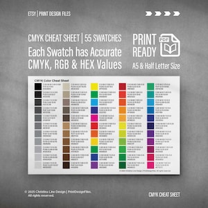 Hoja de referencia de color imprimible: 55 muestras esenciales / Códigos CMYK, RGB y HEX / Descarga digital para diseñadores