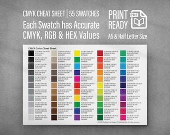 Printable Color Cheat Sheet – 55 Essential Swatches | CMYK, RGB & HEX Codes | Digital Download for Designers