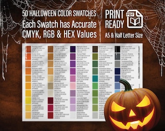 Halloween Printable Color Chart – 50 Spooky Swatches | CMYK, RGB & HEX Codes | For Graphic Designers
