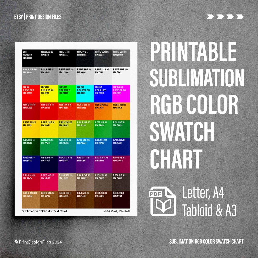 Printable Sublimation Color Swatch Chart - 54 Swatches With RGB Values and HEX Codes - Etsy