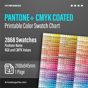 Tabla de muestras de color CMYK imprimible con nombre Pantone, valores CMYK y RGB - Tamaño de impresión grande