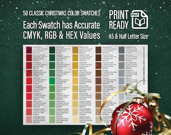 Christmas Printable Color Chart – 50 Holiday Swatches | CMYK, RGB & HEX Codes | For Graphic Designers