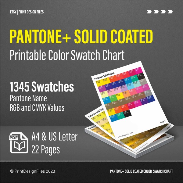 Pantone+ Solid Coated Printable Color Swatch Chart - A4 and US Letter size - Pantone Name, CMYK and RGB values on each swatch