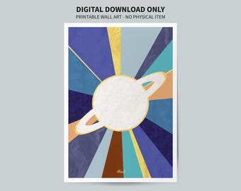 Serie Paisaje Cósmico - Arte mural imprimible abstracto del planeta Saturno - Azul y amarillo