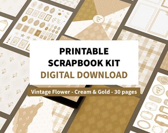 Kit de scrapbooking imprimible Vintage Cream Gold, kit de diario creativo, paquete de papeles estéticos, papeles imprimibles, kit de scrapbooking floral