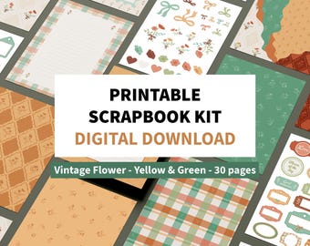 Kit de scrapbooking floral vintage imprimible, kit de diario de recortes verde y amarillo, paquete de papeles estéticos, papeles imprimibles, kit de scrapbooking digital
