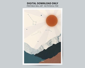 Serie Paisaje Cósmico - Impresión de Constelaciones Celestiales, Póster Imprimible de Paisaje Montañoso Minimalista - Tonos Azules