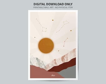 Serie Paisaje Cósmico - Arte mural imprimible de paisaje montañoso abstracto, póster minimalista de cielo astronómico - Tonos rosados