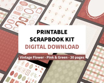 Kit imprimible para álbum de recortes con motivos florales vintage, paquete de papel con estética rosa, kit para diario creativo, efímeros imprimibles, papel para manualidades DIY, descarga digital.