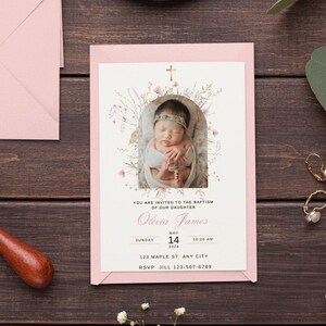 Editable Girl Baptism Invitation Template Pink Floral Christening Invitation Girl Christening Invite Printable Digital  Baptismal Invite