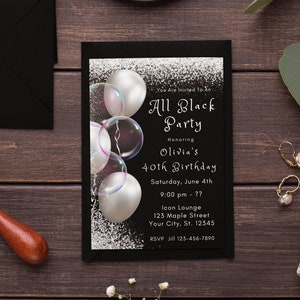 EDITABLE All Black Party Invitation All Black Affair Black and Silver Sparkle Glitter Birthday Invitation Instant Digital Download Evite