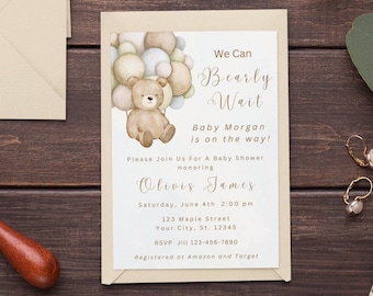 Gender Reveal Invitation Teddy Bear Balloon Gender Neutral Beige Cream Baby Shower Sprinkle Invitation Editable Reveal Invitation Download