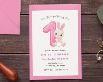 Eerste verjaardagsuitnodiging sjabloon Sommige Bunny verjaardagsuitnodiging Lente roze meisje 1e verjaardag uitnodigen Afdrukbare Bunny verjaardagsuitnodiging