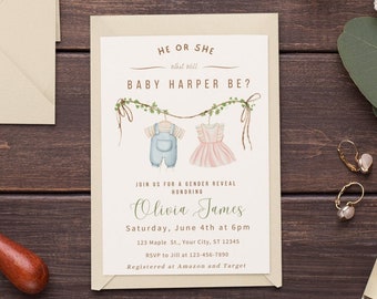 Gender Reveal Invitation Template Editable Gender Reveal Invite Boho Gender Reveal Clothesline Gender Reveal Baby Clothes Gender Reveal