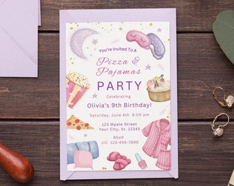 Editable Pizza and Pajamas Birthday Invitation Template Movie Night Party Girl Pink Teen Tween Slumber Party Invite Pajama Party Birthday