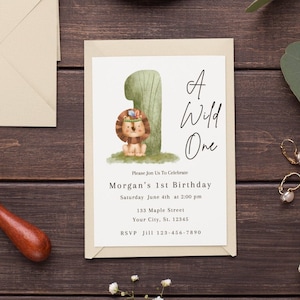 Wild One Birthday Invitation Template Lion 1st Birthday Invite Wild One Invitation Printable 1st Birthday Invitation Green Lion safari evite