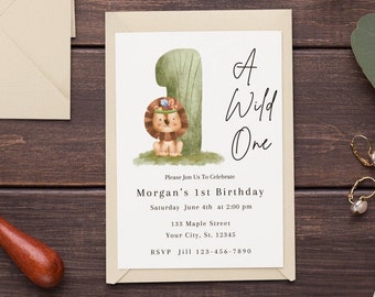 Wild One Birthday Invitation Template Lion 1st Birthday Invite Wild One Invitation Printable 1st Birthday Invitation Green Lion safari evite