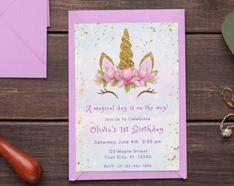 Unicorn Birthday Invitation Template Pastel Magical Day Birthday Invitation Girl 1st Birthday Invitation Glitter Pastel Unicorn Invite Girl