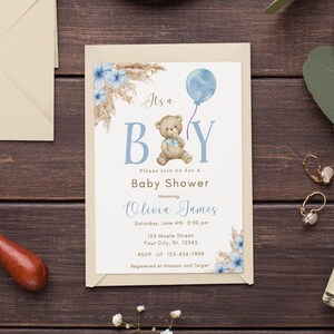 Gender Reveal Einladungsvorlage Teddybär Ballon Junge Beige Blau Baby Shower Sprinkle Einladung Bearbeitbar Reveal Einladung Download