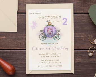 Prinses tweede verjaardag uitnodiging meisje prinses 2e verjaardagsfeestje uitnodigen paarse prinses thema bewerkbare sjabloon Instant Download Evite