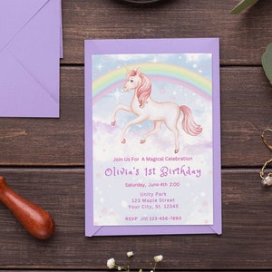 Editable Unicorn Birthday Invitation Template Magical Party Invite Girl Pink Pastel Digital Unicorn Party Rainbow Download 1st birthday