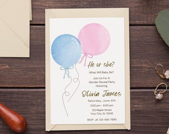 Gender Reveal Invitation Template Editable Minimalist Gender Reveal Invite Girl or Boy Balloon Gender Reveal Invitation Instant download