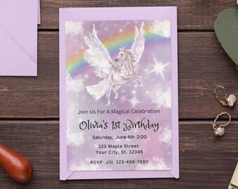 Plantilla de invitación de cumpleaños de unicornio Día mágico Cumpleaños Chica Invitación Chica 1er cumpleaños Invitación Princesa Brillo Pastel Unicornio Evite