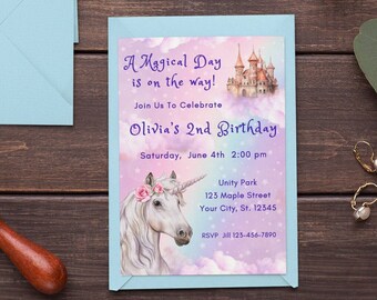 Unicorn Birthday Invitation Template Editable Magical Day Birthday Invite Girl 2nd Birthday Invitation Glitter Pastel Unicorn Invite Girl