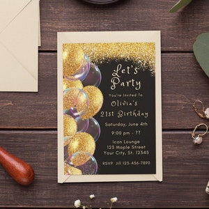 21st Birthday Invitation Template Black and Gold Invitation Gold Glitter Party Editable Birthday Invite Printable Digital Download Evite