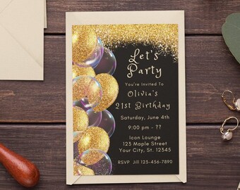 Plantilla de invitación de cumpleaños número 21 Invitación en negro y oro Fiesta de brillo dorado Invitación de cumpleaños editable Descarga digital imprimible Evite