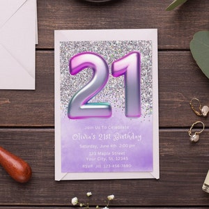 21st Birthday Invitation Template Purple Glitter Birthday Party Invite Sparkle Glam Girl Twenty First Birthday Girl Instant Download Digital