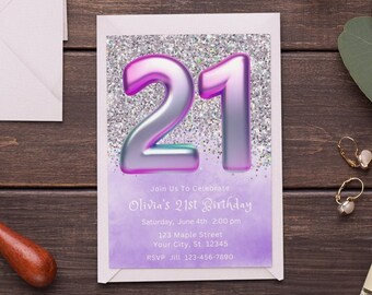 21st Birthday Invitation Template Purple Glitter Birthday Party Invite Sparkle Glam Girl Twenty First Birthday Girl Instant Download Digital