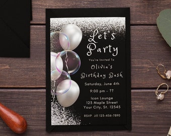Editable Black Silver Birthday Invitation Black White Electronic Birthday Invite Editable Template Phone Invite Instant Download Printable