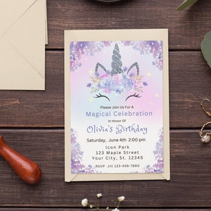 Editable Unicorn Birthday Invitation Pink Magical Floral Unicorn Party Girl Any Age Birthday Invite Template Printable Digital Download