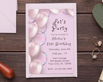 21st Birthday Invitation Template Pink Balloons Invitation Pink Party Editable Birthday Invite Shades of Pink Birthday Digital Download