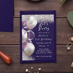 Editable 21st Birthday Invitation Template Silver and Navy Invitation Silver Glitter Party Invite Editable Printable Digital Download Evite