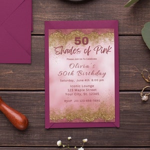 Editable 50th Birthday Invitation Template Pink Birthday Invitation Gold Glitter Party Invite Bridal Shower Printable Digital Download