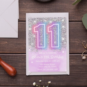 Editable 11th Birthday Invitation Template Purple Glitter Birthday Party Invite Rainbow Neon Girl Eleventh Birthday Instant Download Digital