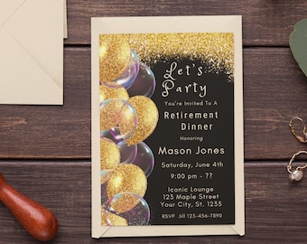 Gold Glitter Retirement Invitation Template Editable Black and Gold Retirement Party Gold Farewell Party Retirement Dinner Invitation Evite