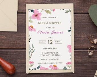 Editable Bridal Shower Invitation Template Minimalist Bridal Shower Invitation Pink Floral Bridal Shower invitation Bohemian Bridal Shower