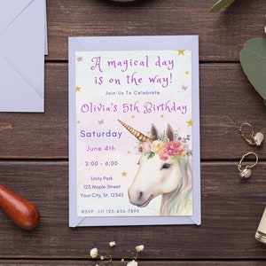 Editable unicorn birthday invitation Unicorn birthday party invite Girls unicorn evite for phones and printable glitter unicorn invitation