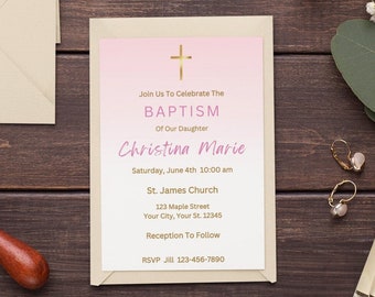 Girl Baptism Invitation Template Pink Christening Invitation Template Editable Pink Watercolor Blush Pink and Gold Baptism Invitation Evite