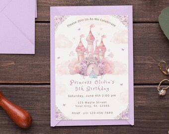 Bewerkbare roze prinses kasteel verjaardagsuitnodiging sjabloon vijfde verjaardag meisje uitnodigen prinses verjaardagsuitnodiging prinses uitnodiging voor feest